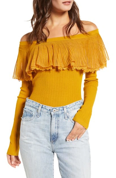 English Factory Off The Shoulder Textured Ruffle Sweater In Mustard