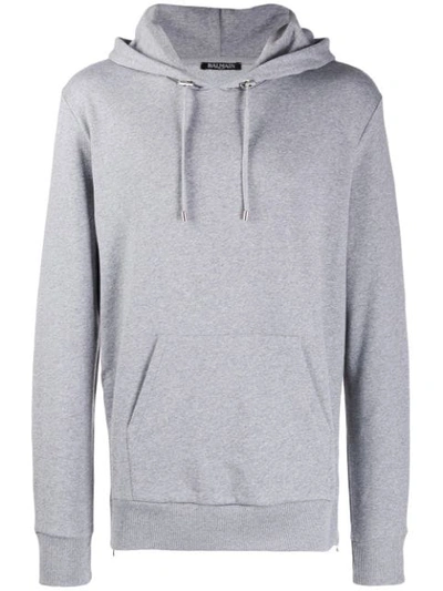 Balmain Velour Back Logo Hooded Sweater In Grey