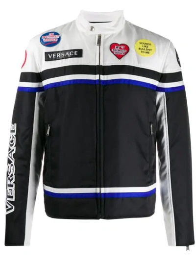 Versace Ford Logo Leather Motocross Jacket In Black,white,blue