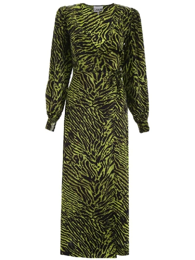 Ganni Zebra-printed Wrap Dress In Green,black