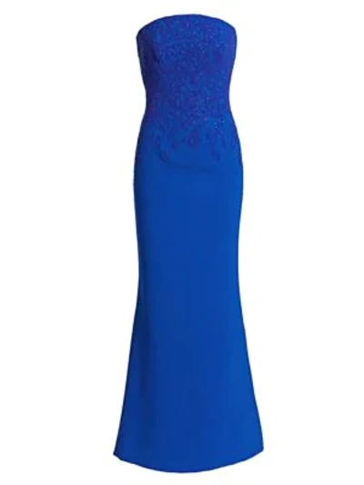 Ahluwalia Floral Beaded Strapless Gown In Cobalt