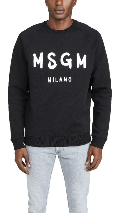 Msgm Black Cotton Crewneck Sweatshirt With Brush Logo Print