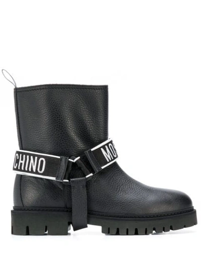 Moschino Leather Biker Boot With Logoed Ribbon With Velcro In Black