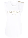 Balmain Buttoned Shoulders Sleeveless Logo Top In White