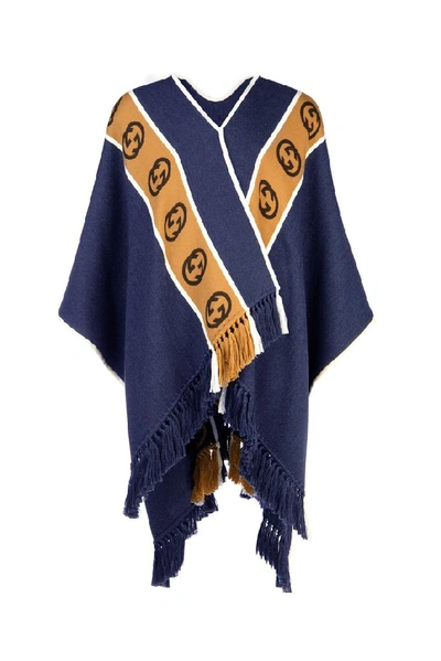 Gucci Gg Tape Jacquard Colourblock Wool-cotton Poncho In Blue