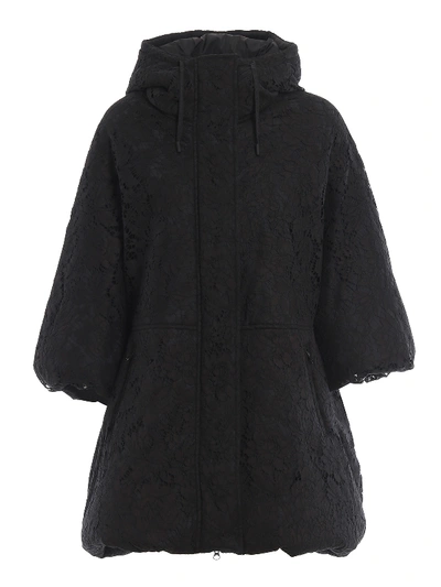 Valentino Macrame Lace And Nylon Padded Hooded Coat In Black