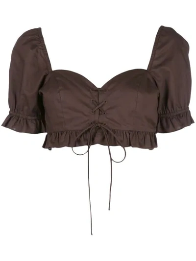 Callipygian Opening Ceremony Lace Up Ruffle Top In Dark Chocolate