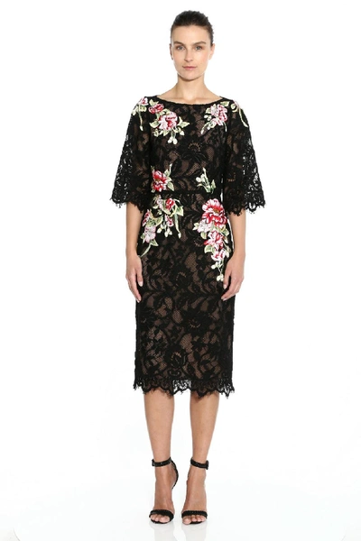 Marchesa Couture Lace Bateau Neck Midi Dress In Black