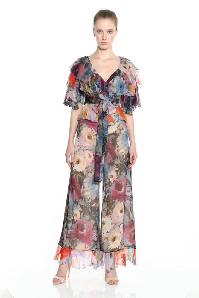 Marchesa Couture 2-piece Print Chiffon Blouse And Pant In Gardenia