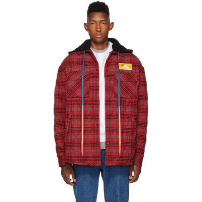 Off-white Oversize Hooded Flannel Shirt Jacket In Red