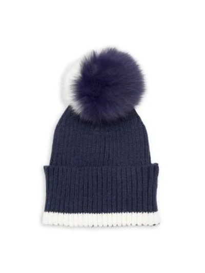 Adrienne Landau Women's Fox Fur Pom-pom Knit Hat In Navy White