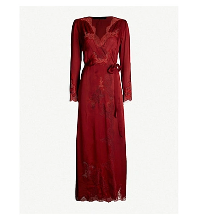 Carine Gilson Chantilly Lace-trimmed Silk-satin Dressing Gown In Garnet Red Burgandy