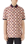 Gucci Belt Chess Print Short Sleeve Pique Polo In Ivory/red/mc
