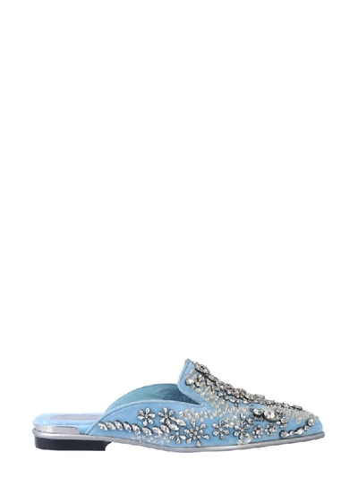 Alexander Mcqueen Crystal-embellished Velvet Backless Loafers In Light Blue