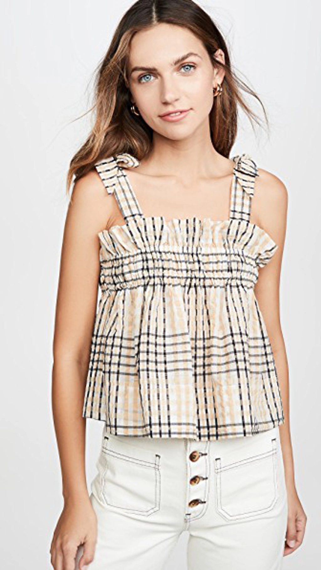 ganni seersucker check dress irish cream Ganni Checked Shirred-bodice Seersucker Midi Dress in Natural