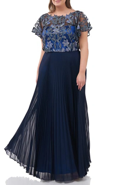 Js Collections Embroidered Illusion Bodice Pleated Gown In Blue Multi