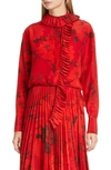 VALENTINO FLORAL PLEATED RUFFLE TRIM SILK CREPE DE CHINE SHIRT,SB3AB14G4PD