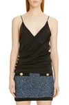 BALMAIN SIDE BUTTON SILK CHARMEUSE CAMISOLE TOP,SF10305106S