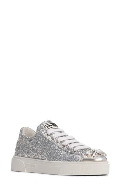 Miu Miu Crystal Cap Toe Glitter Sneaker In Silver