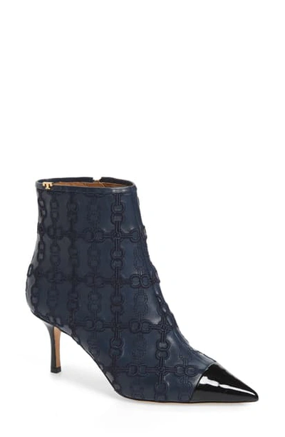 Tory Burch Penelope Embroidered Bootie In Ink Navy/ Perfect Black