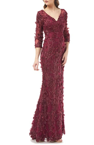 Carmen Marc Valvo Infusion 3d Flower Evening Dress In Berry
