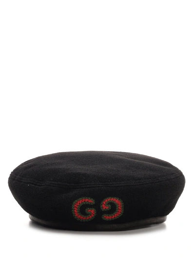 Gucci Embroidered Leather-trimmed Felt Beret In Black