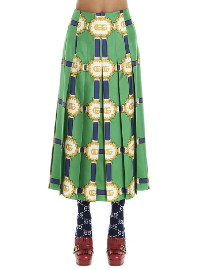 Gucci Printed Silk-twill Midi Skirt In Green