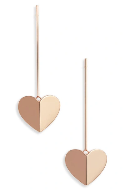 Kate Spade Gold-tone, Rose-gold Tone Or Silver-tone Heart Linear Drop Earrings In Rose Gold