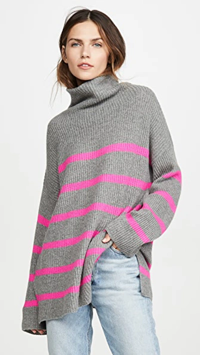 Autumn Cashmere Breton Stripe Funnel Neck Cashmere Sweater In Cement/ Atomic Pink