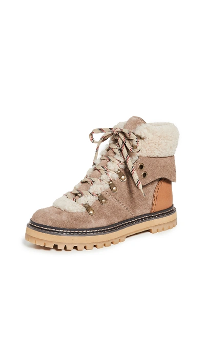See By Chloé Shearling And Leather-trimmed Suede Ankle Boots In Taupe