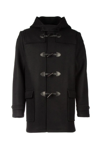 Saint Laurent Hooded Wool Duffle Coat In Black