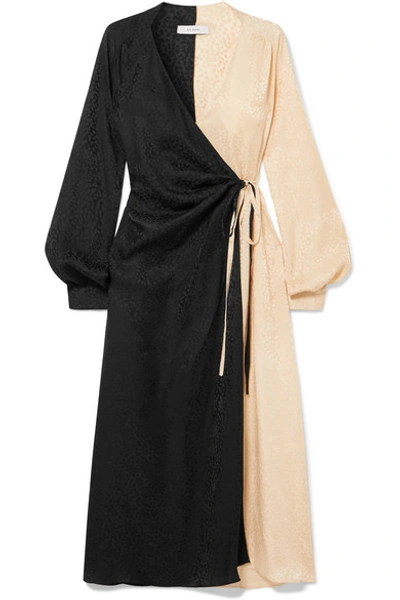 Art Dealer Ruched Two-tone Silk-jacquard Wrap Dress In Black