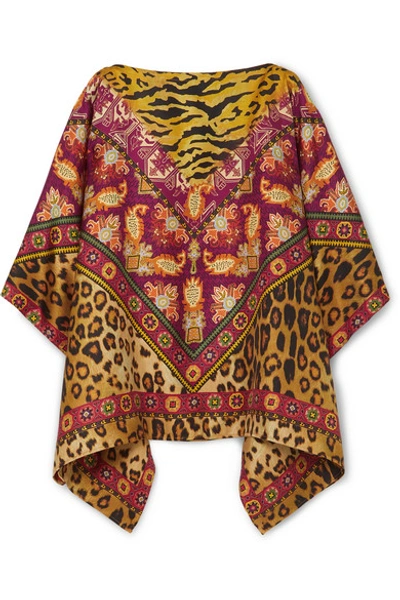 Etro Leopard & Floral Reversible Silk Scarf In Brown