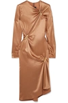 VERSACE EMBELLISHED DRAPED SILK-SATIN MIDI DRESS