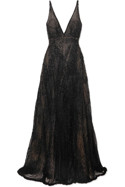 Costarellos Beaded Tulle Gown In Black