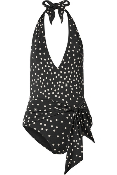 Stella Mccartney Tie-front Polka-dot Halterneck Swimsuit In Black