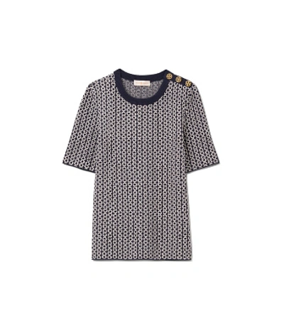 Tory Burch Gemini Link Jacquard Short-sleeve Sweater In Tory Navy/new Ivory