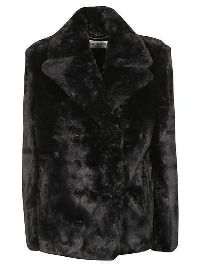 Saint Laurent Double-breasted Faux Fur Jacket In Black
