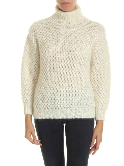 Alberta Ferretti Waffle Knit Mohair Turtleneck Sweater In Ivory