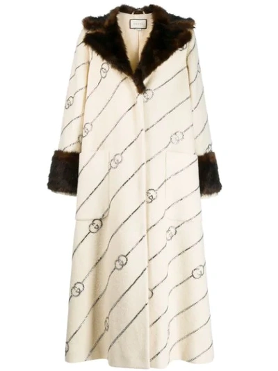 Gucci Logo Jacquard Faux-fur Trim Coat In White