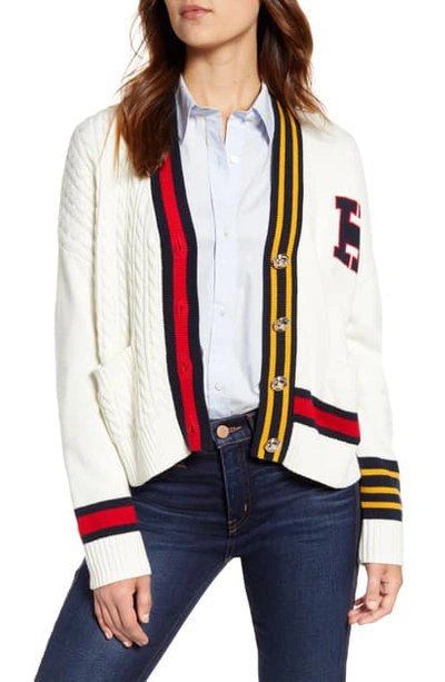 Tommy Hilfiger Cable Varsity Cardigan In Ivory Multi