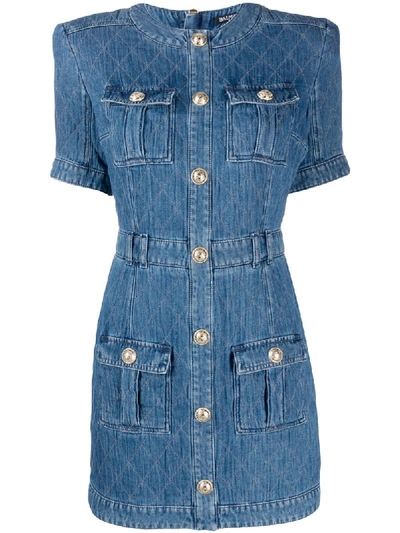 Balmain Pocketed Contrast-stitched Denim Dress In Blue