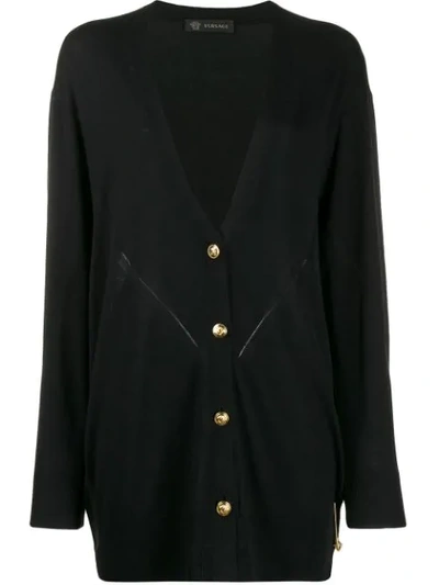 Versace Oversized Safety Pin V-neck Cardigan In Black