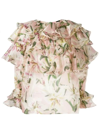 Dolce & Gabbana Ruffle Lily Print Blouse In Neutrals