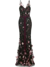 MARCHESA NOTTE 3D FLORAL EMBROIDERED FLAIR GOWN