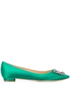 Manolo Blahnik Hangisi Crystal-embellished Satin Point-toe Flats In Green