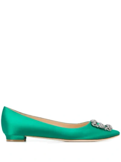 Manolo Blahnik Hangisi Embellished Satin Point-toe Flats In Green