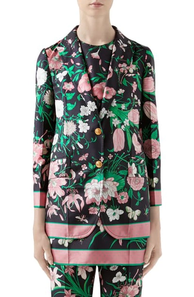 Gucci Flora Print Silk Twill Blazer In Black/ Pink Print