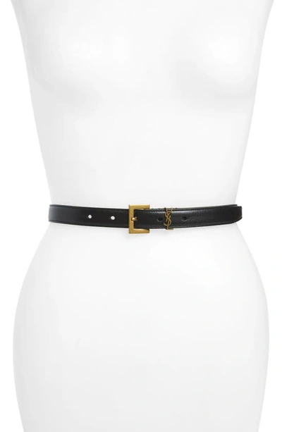 Saint Laurent Golden Ysl Monogram Croc-embossed Leather Belt In Black Gold