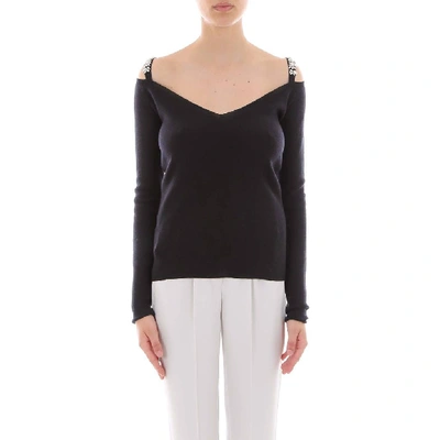 Prada Cashmere-silk Jewel-strapped Cold Shoulder Sweater In Black